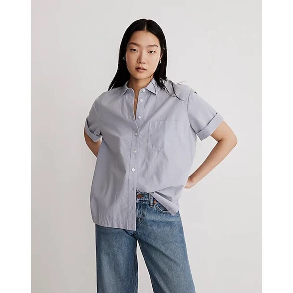 Madewell Signature Poplin Short Sleeve Purple Button Down Shirt Women NWT Size S